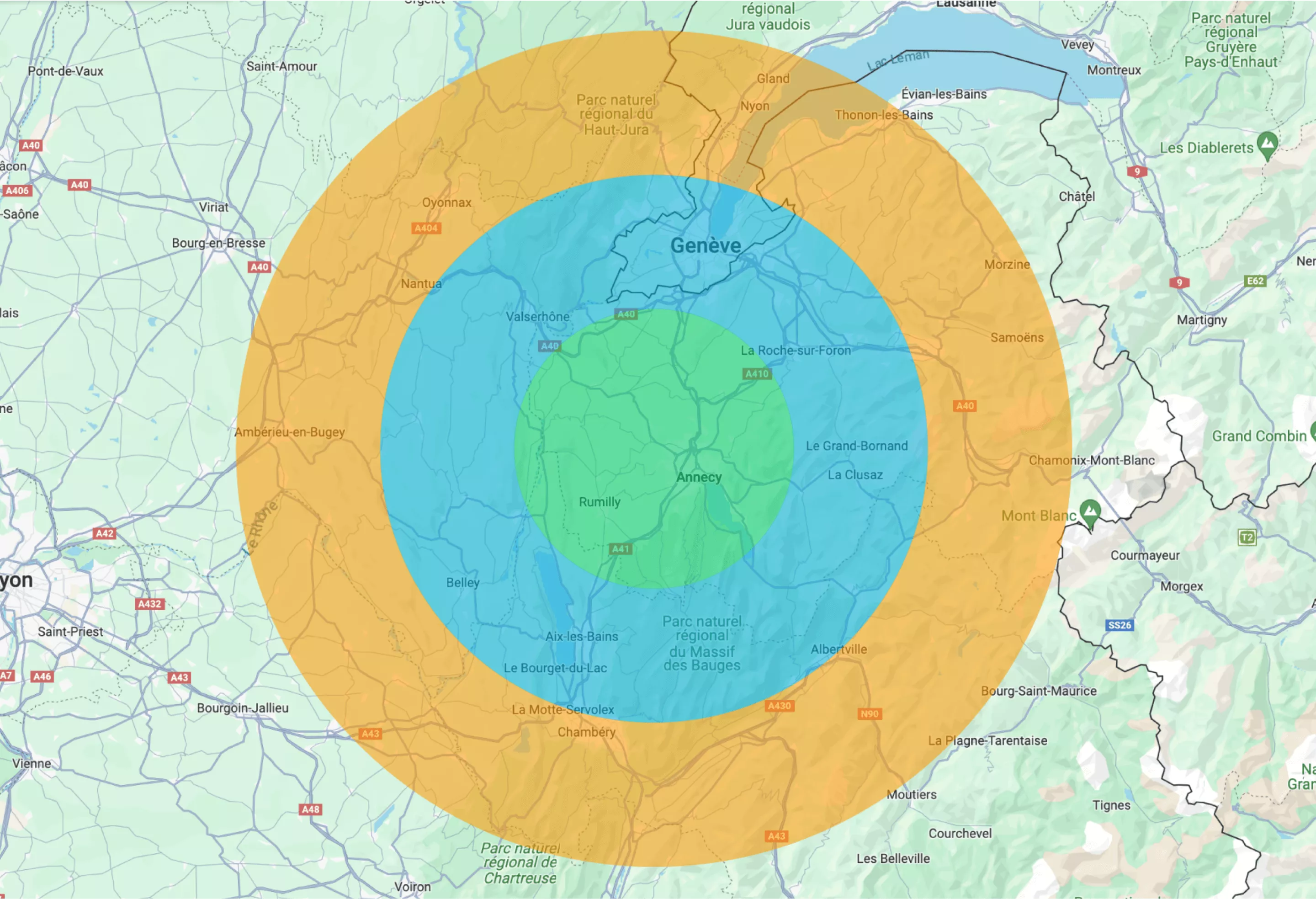 Mapp de la zone d'intervention de l'équipe Optimpac sur la Savoie, Haute Savoie et le Pays de Gex.